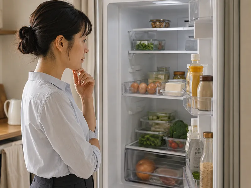冷蔵庫の中を見ながら献立に悩む女性