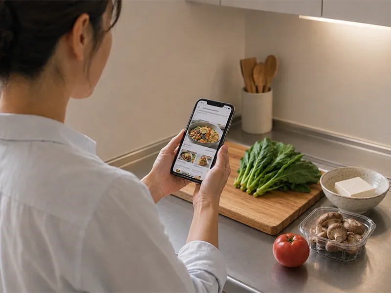 スマートフォンでレシピを検索する女性