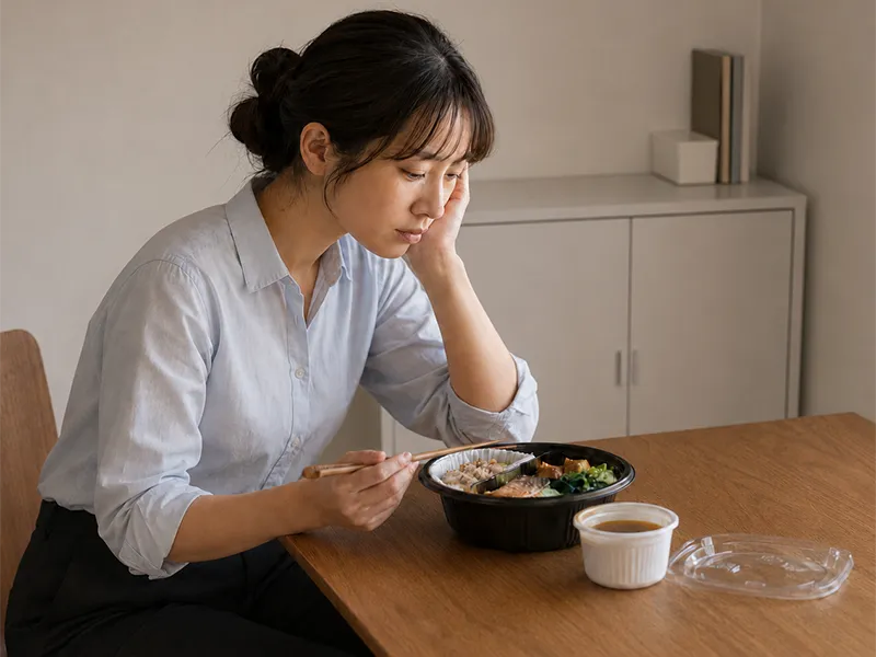 買ってきた食事を前に疲れている女性