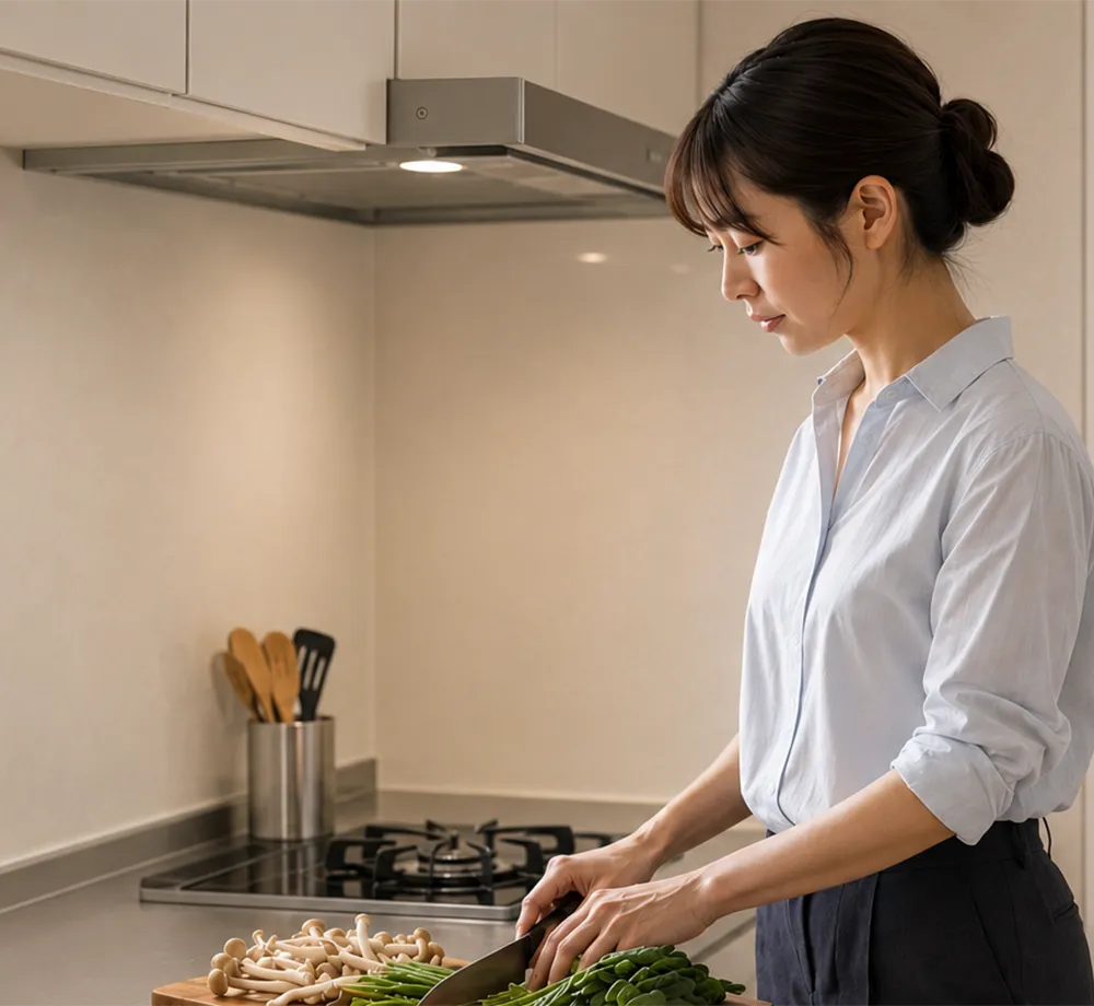 仕事から帰宅し、マンションのキッチンで料理する女性