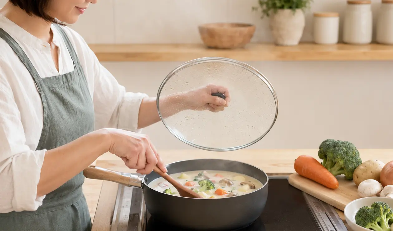鍋でクリームシチューを作る女性