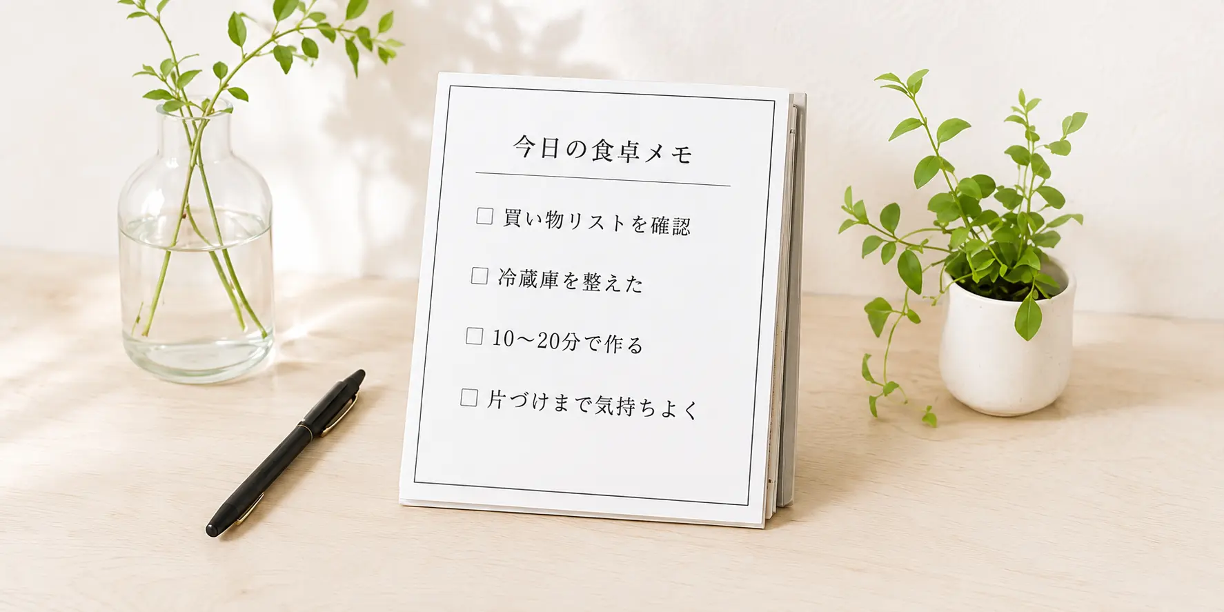 植物と、買い物・冷蔵庫・料理・片づけの流れを書いた食卓メモ